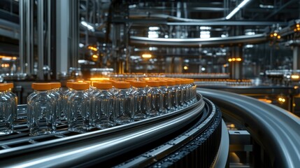 Close-up of a sophisticated automated manufacturing line showcasing clear glass bottles with orange caps.