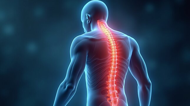 Human spinal cord injury, back pain on blurred background. 3d illustration