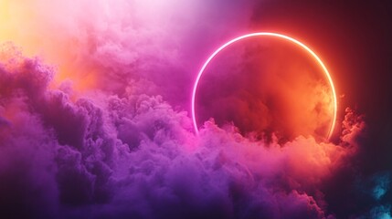 Obraz premium Colorful Neon Eclipse Surrounded by Vibrant Clouds in a Dramatic Sky