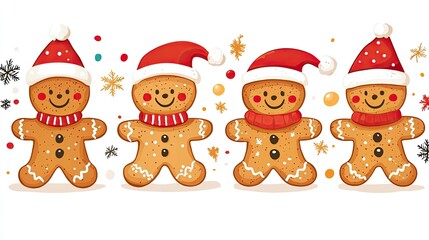 Naklejka premium Cheerful gingerbread cookies wearing Santa hats and scarves, surrounded by festive decorations