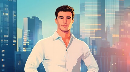 Fototapeta premium Young Man in White Shirt City Skyline Background