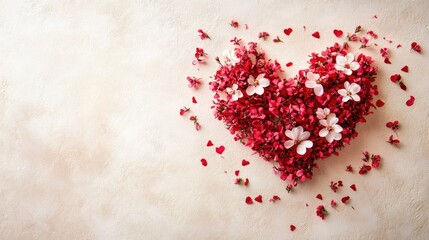 A romantic Valentine's Day card with a hand-drawn heart surrounded by tiny flowers, placed on a textured beige background with room for text.