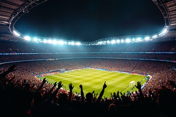 Football stadium illuminated at night with cheering crowd and vibrant green field.