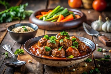 Fototapeta premium Rustic Bowl of Meatballs with Steamed Vegetables and Rich Sauce - Urban Exploration Food Photography