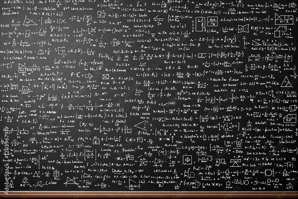 Poster blackboard filled with mathematical equations, formulas, and diagrams.