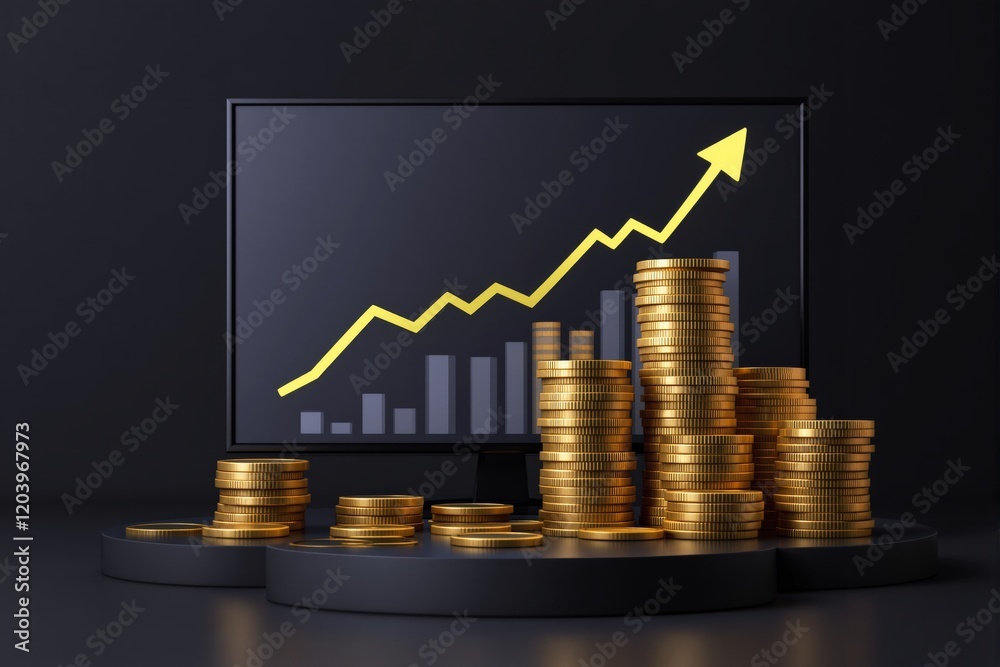 Poster stacked gold coins with graph showing upward trend on screen, dark background.