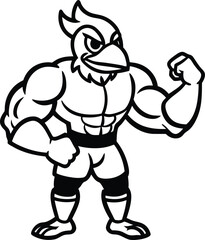 Muscular Strong birds vector, muscular Angry Chicken silhouette, Massive birds line art vector illustration