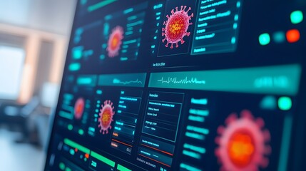 A close-up view of a digital dashboard displaying data and visualizations related to virus monitoring and analysis.