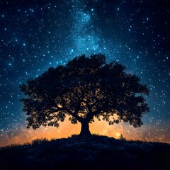 Silhouette of Peepal Tree Against Starry Amavasya Night Sky Ideal for Spiritual Mystical and Nature Themed Projects