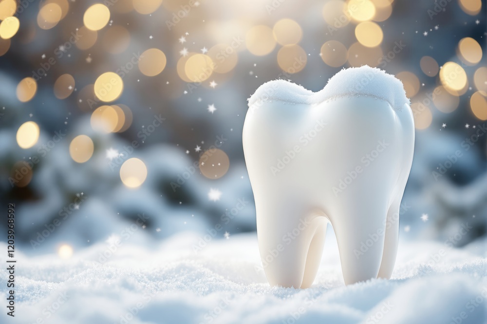 Poster Tooth covered in snowflakes on a snowy surface with glowing lights in the background.