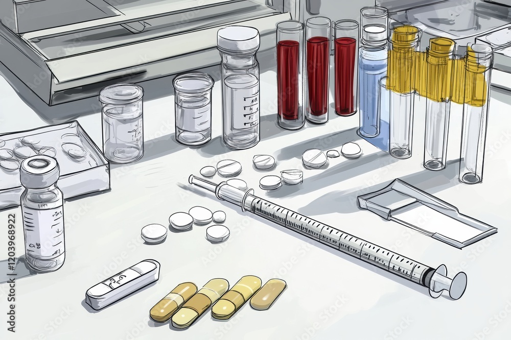 Poster colorful arrangement of various medical vials and syringes on a laboratory table with pills scattere