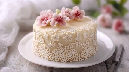 A soft and elegant Easter cake design with delicate lace-like frosting and small floral decorations, set on a white plate with ample copy space.