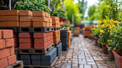 Paving bricks on pallets in garden center with plants and path.