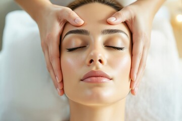 Naklejka premium Woman receiving relaxing facial massage in serene spa setting.