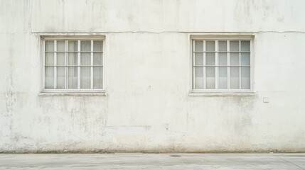 Fototapeta premium Two small windows on a weathered white wall.