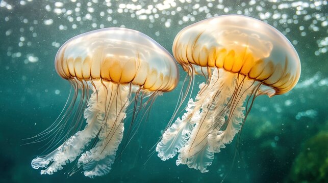 Ocean jellyfish pair, underwater, sunlight, marine life, nature