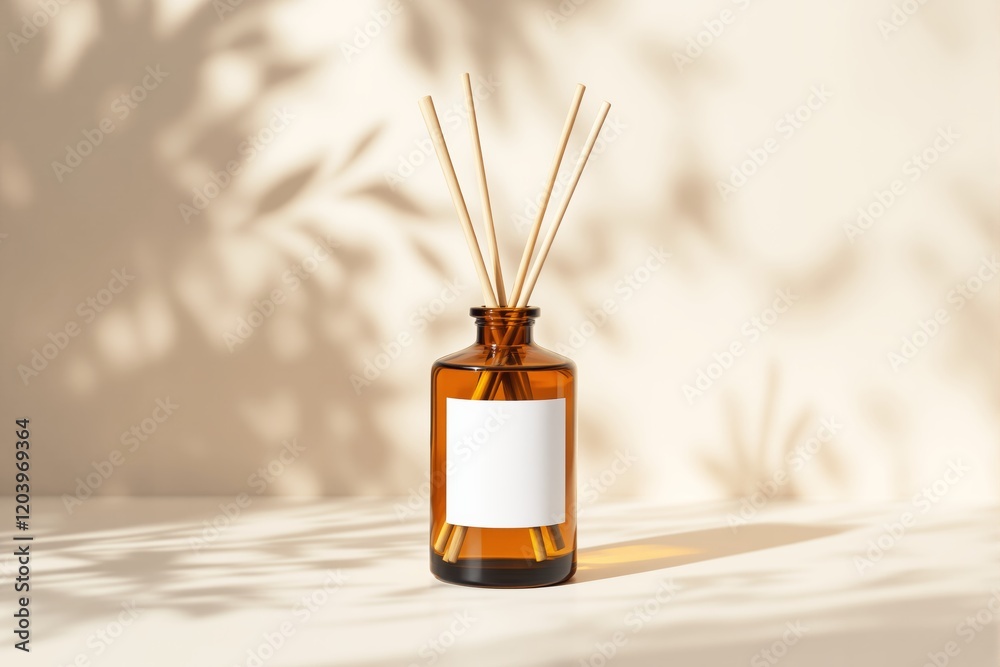 Aufkleber Aromatic diffuser bottle with blank label and bamboo sticks on a light background with artistic shadows.