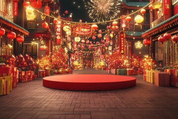 There is a red circular platform in the middle of the ancient Chinese street, surrounded by lanterns and fireworks