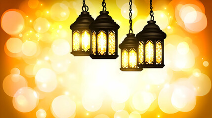 Fototapeta premium Elegant hanging lanterns, glowing lights, Ramadan background, festive decorations, warm ambiance