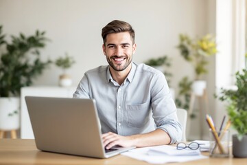 Fototapeta premium Smiling businessman working on laptop in bright office environment with natural background.