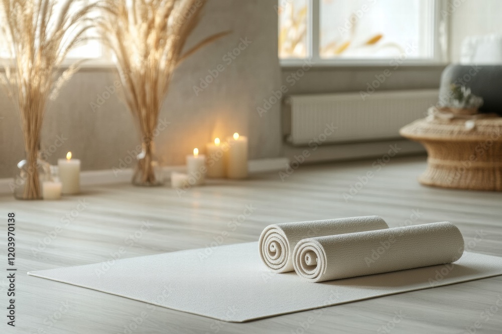 Poster relaxing yoga space with rolled mats and ambient lighting in a serene setting. generative ai