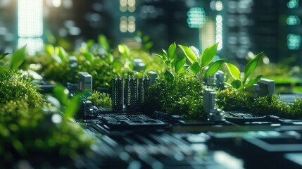 Green technology concept with plants growing on a circuit board in a city landscape