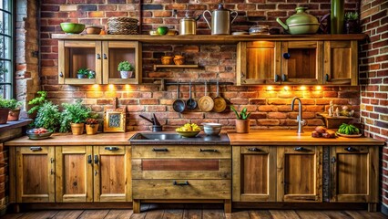Rustic Kitchen Interior: Wooden Cabinets & Brick Wall - Stock Photo