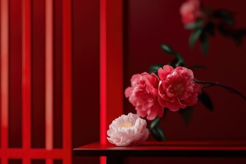 visual of a branch of chinese new year flower peeking through a red arch and on table, peonies, hyper realistic