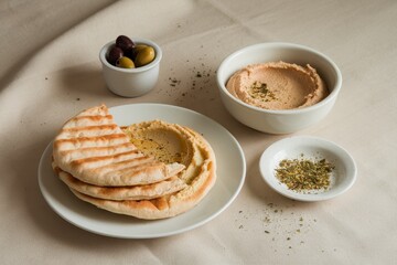 Grilled pita bread hummus olives and seasoning