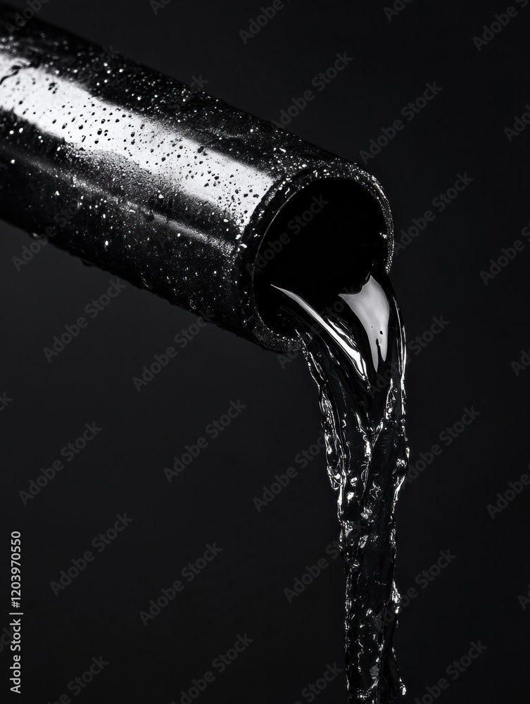 Poster water flowing from a black pipe against a dark background showcasing textures and reflections. gener