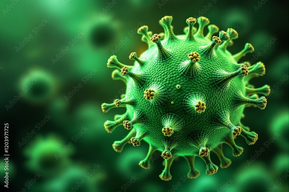 Poster abstract depiction of a green virus particle on a blurred green background.