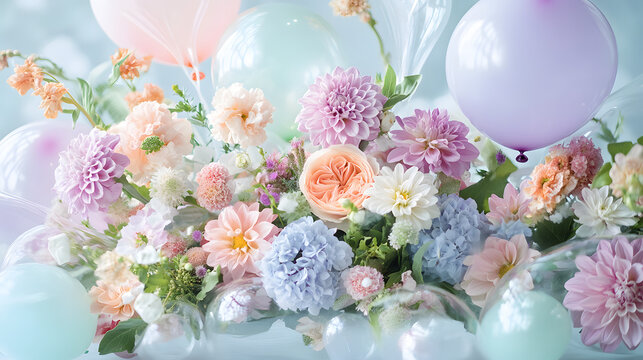 A Captivating Floral Centerpiece Blending Diverse Blooms with Airy Pastel Balloons for Celebratory Events