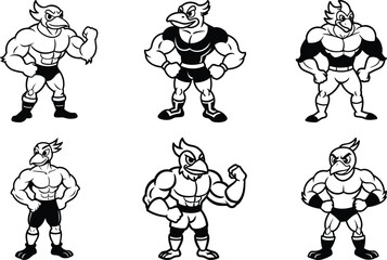 Muscular Strong birds vector set, muscular Angry Chicken silhouette, Massive birds line art vector illustration