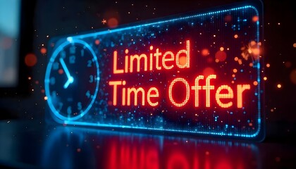 Dynamic Digital Countdown Timer with Glowing Blue Screen, Bold Red 'Limited Time Offer' Text, and Animated Sparks for Urgency