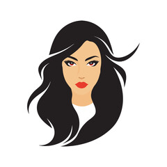 Elegant woman with long black hair and red lips. Monochrome portrait of a beautiful woman with long wavy hair. red lips. beauty concept, woman, hairstyle. sticker, vector illustration.