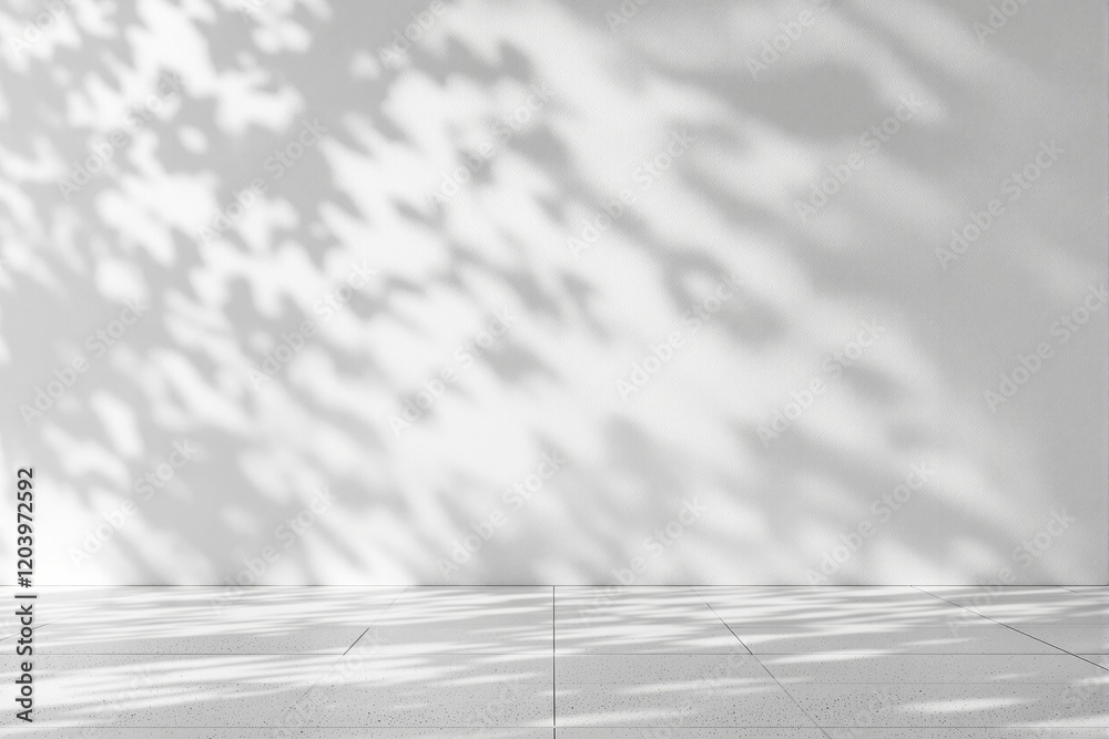 Aufkleber minimalist white wall with soft abstract shadow patterns and tiled floor. perfect for clean backgrou