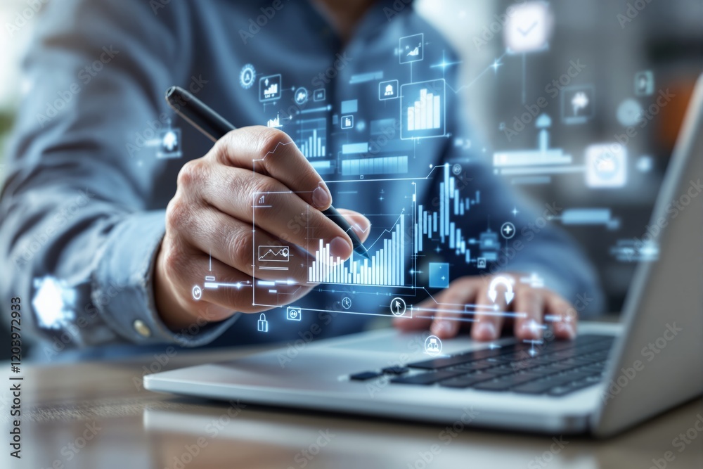 Poster businessman analyzing digital data graphs on futuristic interface with a pen over a laptop in a mode