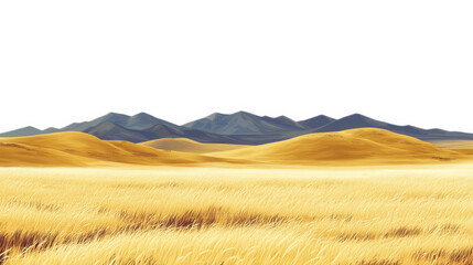 Obraz premium Golden grasslands stretch across landscape, framed by distant mountains under clear sky, evoking sense of tranquility and natural beauty
