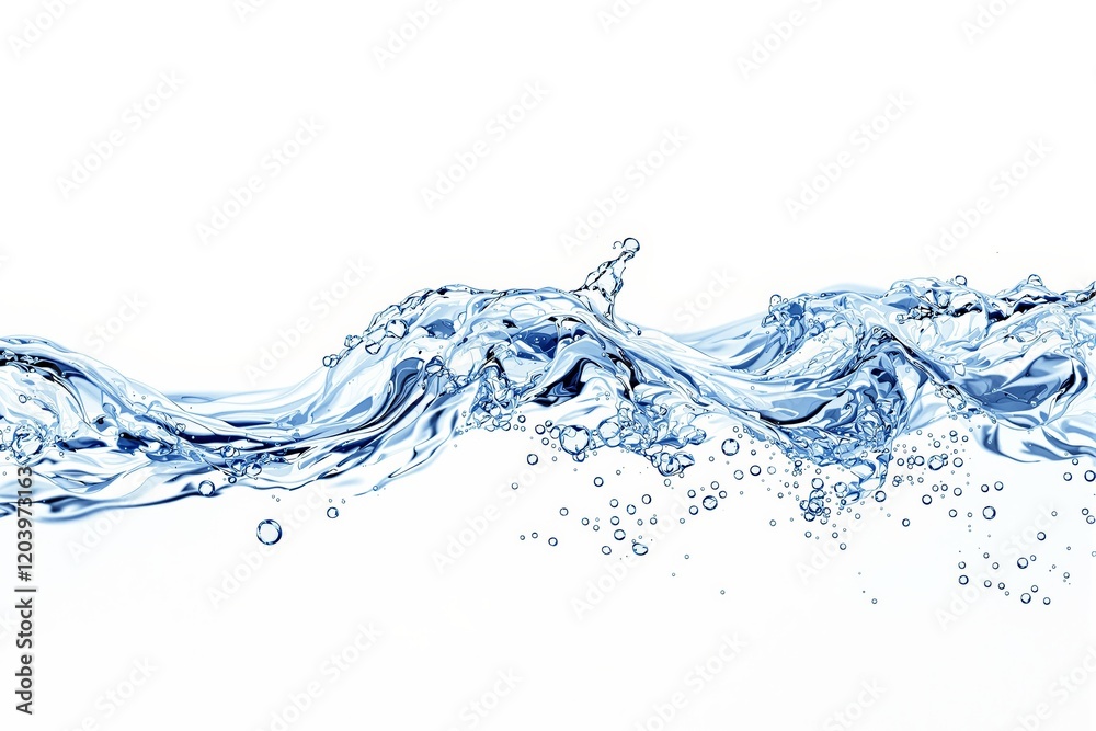 Poster flowing water wave with splash and bubbles on white background.