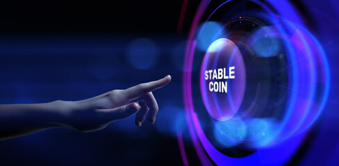 Stablecoin cryptocurrency and digital finance concept. Hands pressing button virtual screen.