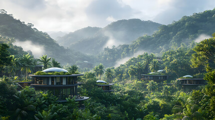 Luxurious eco-friendly villas nestled in a lush tropical rainforest, misty mountains in the background.  Perfect for travel, tourism, and sustainable living concepts.