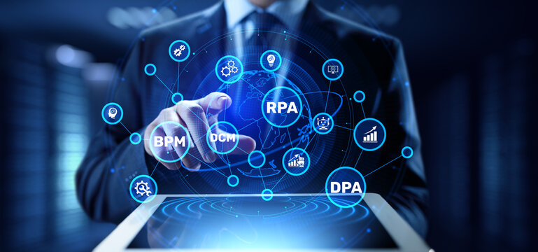 Business Process Automation and Technology Integration Illustrated with Key Elements of BPM, RPA, DCM, and DPA.