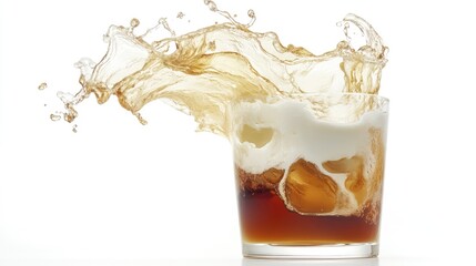 Dynamic splashes of milk and chocolate milk in a glass, forming dramatic waves on a white background.