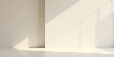 Cream-colored wall with sunlight shadows and subtle floor reflection ideal for minimalist product display
