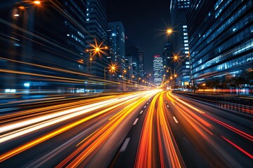 Obraz premium Abstract light trails on urban night road with tall buildings in background.