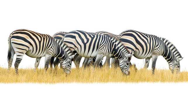 Zebras grazing on tall grass, showcasing their striking black and white stripes in natural setting. herd creates beautiful contrast against golden grass