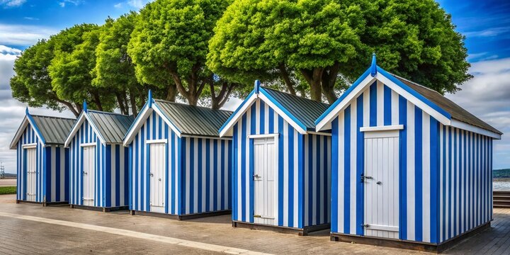 Rustic White & Blue Striped Gable-Roofed Changing Rooms with Tree