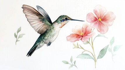 Fototapeta premium Colorful Hummingbird Hovering Near Delicate Pink Flowers