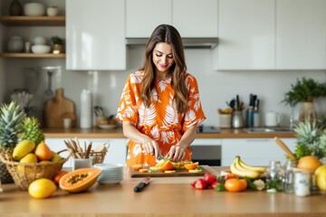Woman preparing fresh tropical fruits in a modern kitchen setting.