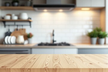 Wooden table surface in bright modern kitchen.